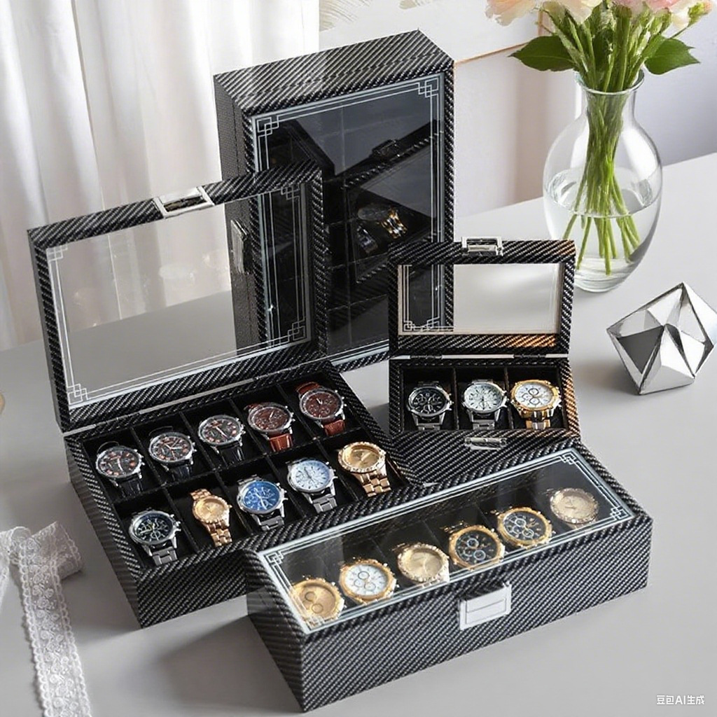 Factory Direct Sales Foreign Trade Export Carbon Fiber Pattern Watch Box Storage Box Large Capacity Dustproof Transparent Glass Display Box