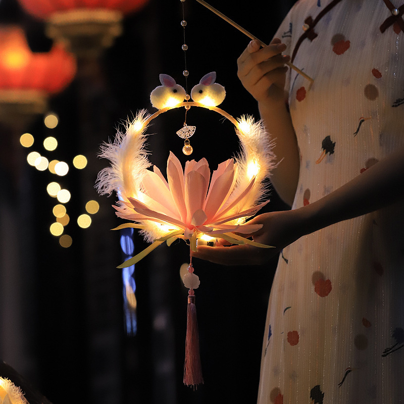 mid-autumn festival ancient lantern rabbit festive lantern handmade diy material kit children‘s portable luminous jade hare gd