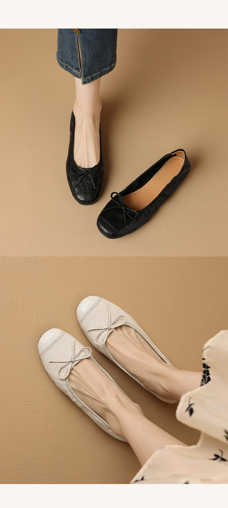 Giày ballet nữ mũi tròn đế bệt da cừu mềm nơ bướm — Màu nâu chi tiết 8