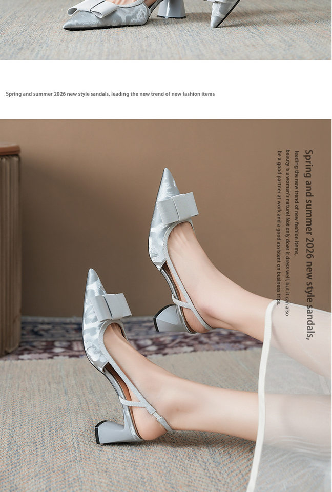 Sandal cao gót nữ mũi nhọn hở gót gót thô đính nơ phong cách công sở, gót 6–8 cm — Màu kaki, Màu xám bạc, màu đen chi tiết 10