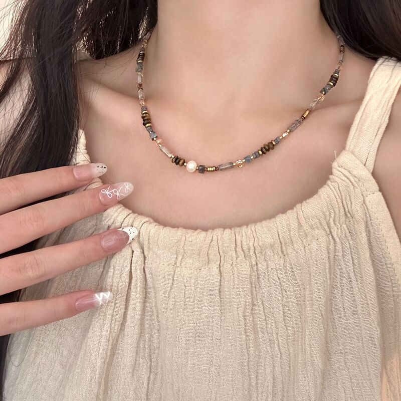 美拉德风复古小众天然石虎眼石串珠项链女轻奢小众气质锁骨链配饰|undefined