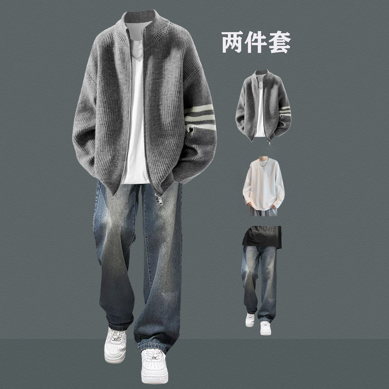 Men's sweater set, autumn/winter collection, trendy three-stripe knit sweater paired with jeans, a cool and stylish outfit for teenagers Men's sweater set, autumn/winter collection, trendy three-stripe knit sweater paired with jeans, a cool and stylish outfit for teenagers