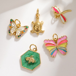 Exquisite colorful butterfly turtle bee dragonfly pendant copper drop oil Diamond-embedded cute small animal DIY accessories pendant