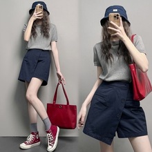 藏蓝色高腰休闲裙裤女夏季大码胖宽松小众百搭不规则阔腿短裤子