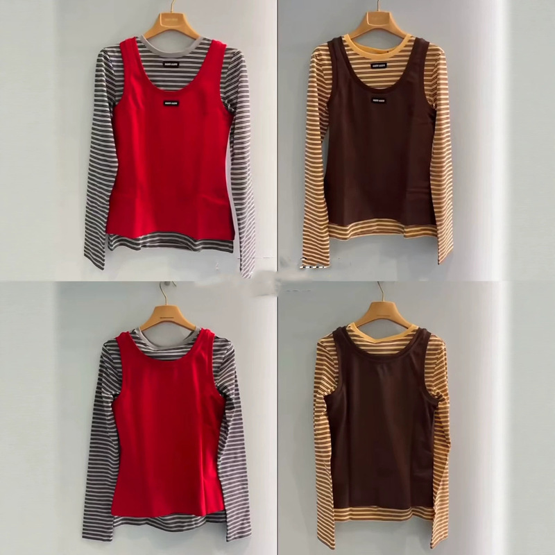 miu-style two-piece color-block striped long-sleeve T-shirt for women, retro layered U-neck vest, slim-fit base layer for autumn miu-style two-piece color-block striped long-sleeve T-shirt for women, retro layered U-neck vest, slim-fit base layer for autumn