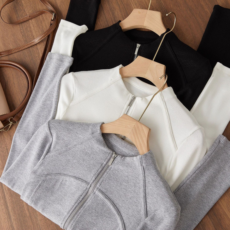 Three-Dimensional 3D Slim Fit Cut, Super Slimming Look, Thin Stand-Up Collar Zipper Sports Casual High-Elastic T-Shirt Top Jacket for Women