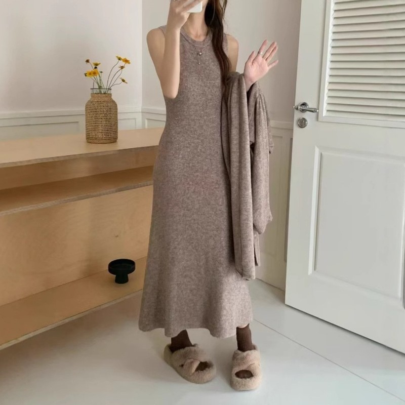 ファッション対外貿易婦人服 2025 新しいスーツ女性のニットドレスロングセーターカーディガンジャケットツーピース厚いセット|undefined