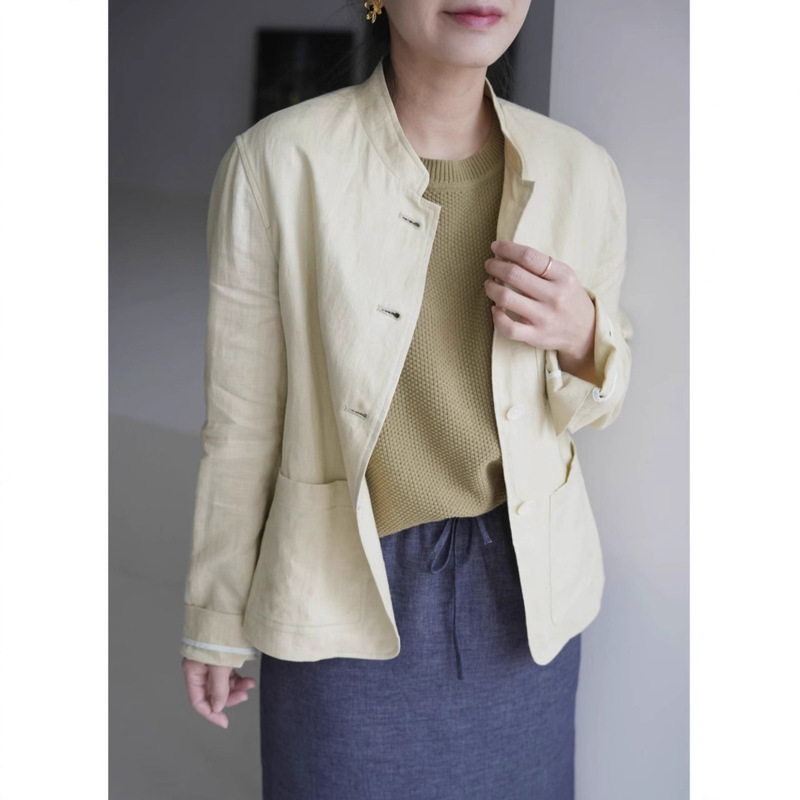 Yilu Kochi Wears Lime Green Linen Half-Lined Blazer for Women, One Piece Drop Shipping