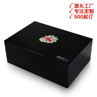 黑色钢琴漆木盒 国风金色羽毛包装盒 亮光哑光油漆盒定制免费排版