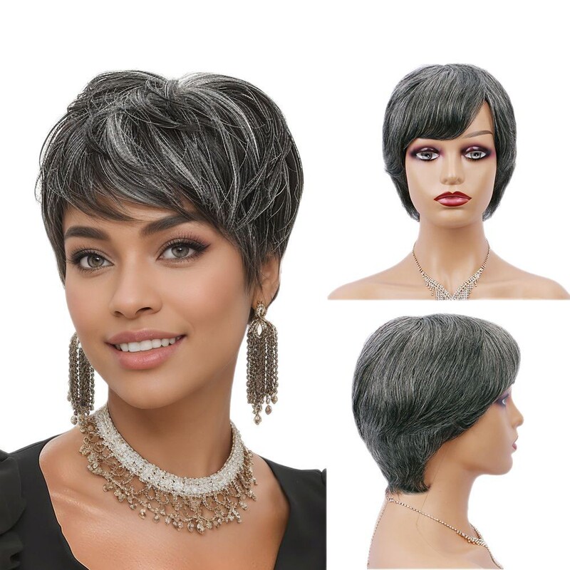 Real Human Hair Wig Full Head Set for Women, Dark Gray, Light Gray, Granny Gray, Black, No Lace, Cross-Border Short Hair, Real Human Hair Strands