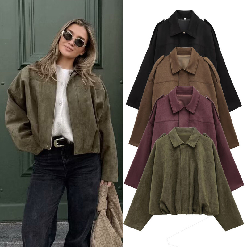 2025 Autumn and Winter European and American Bomber Jacket Bat Sleeve Zipper Loose Suede Texture Tops Women's Casual Tops Women 2025 Autumn and Winter European and American Bomber Jacket Bat Sleeve Zipper Loose Suede Texture Tops Women's Casual Tops Women