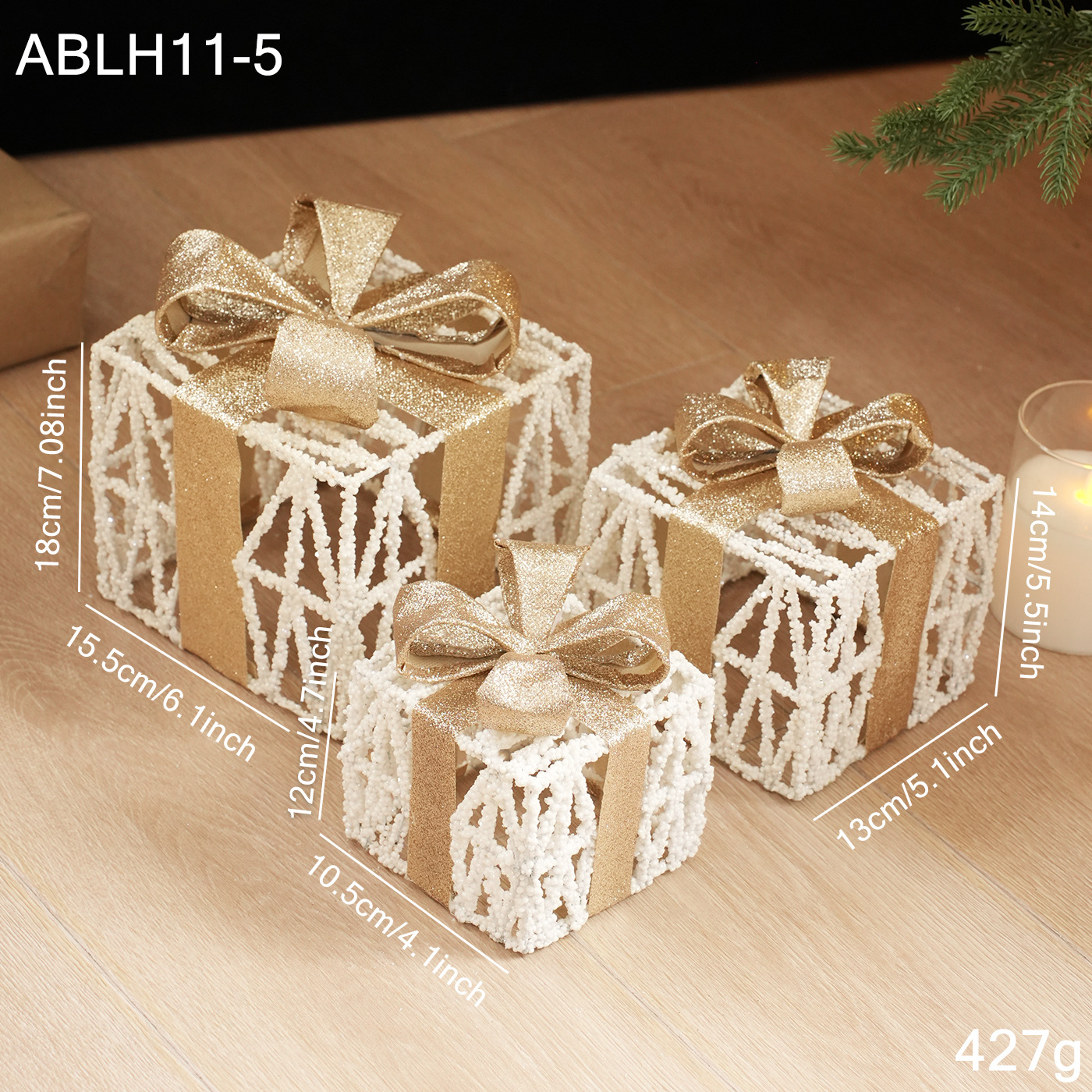 Caja de regalos de caña de Navidad caja de regalos de hierro forjado caja vacía decoración de pinos decoración de decoración de tres piezas set