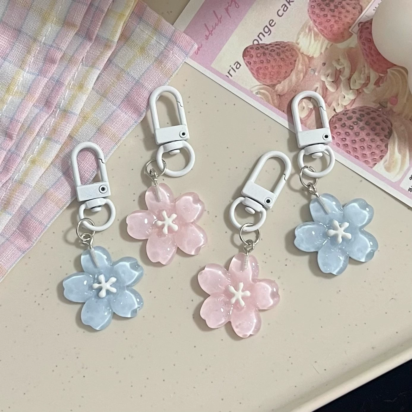 Keychain pendant floral accessory, 6.5 cm light charm with clasp — pink & blue options