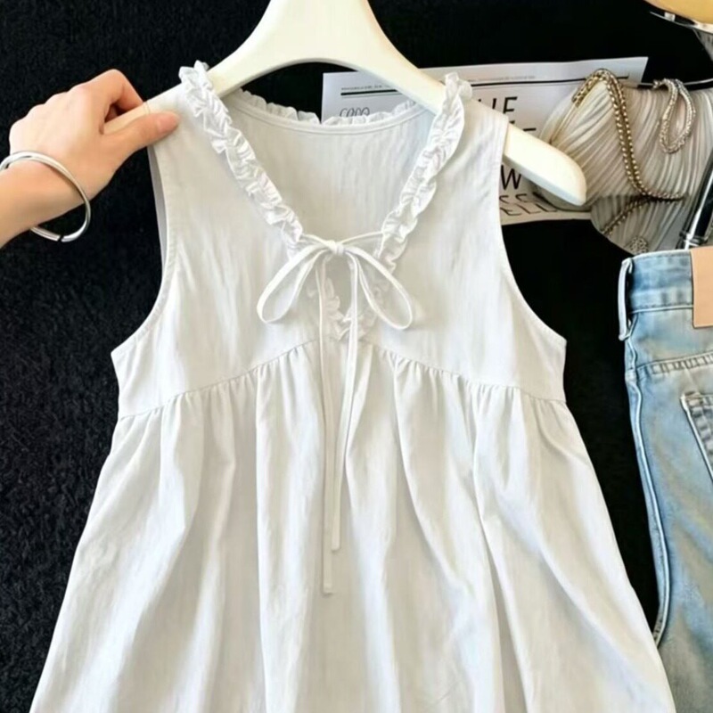 Vintage artistic plain floral lace drawstring tie-neck sleeveless tank top for women, summer fresh cotton-linen doll-style blouse in black