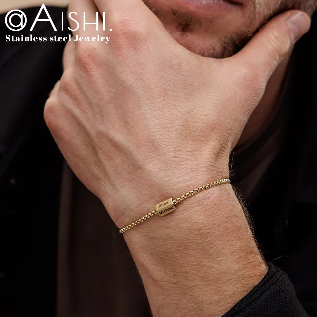 Stainless Steel Square Pearl Chain Square Bracelet Father's Day Simple Beaded DIY Lettering Men's Fashion Titanium Steel Chain