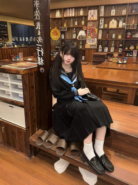 Genuine basic long-sleeved sailor suit Japanese school style jk uniform middle black mid-length skirt suit