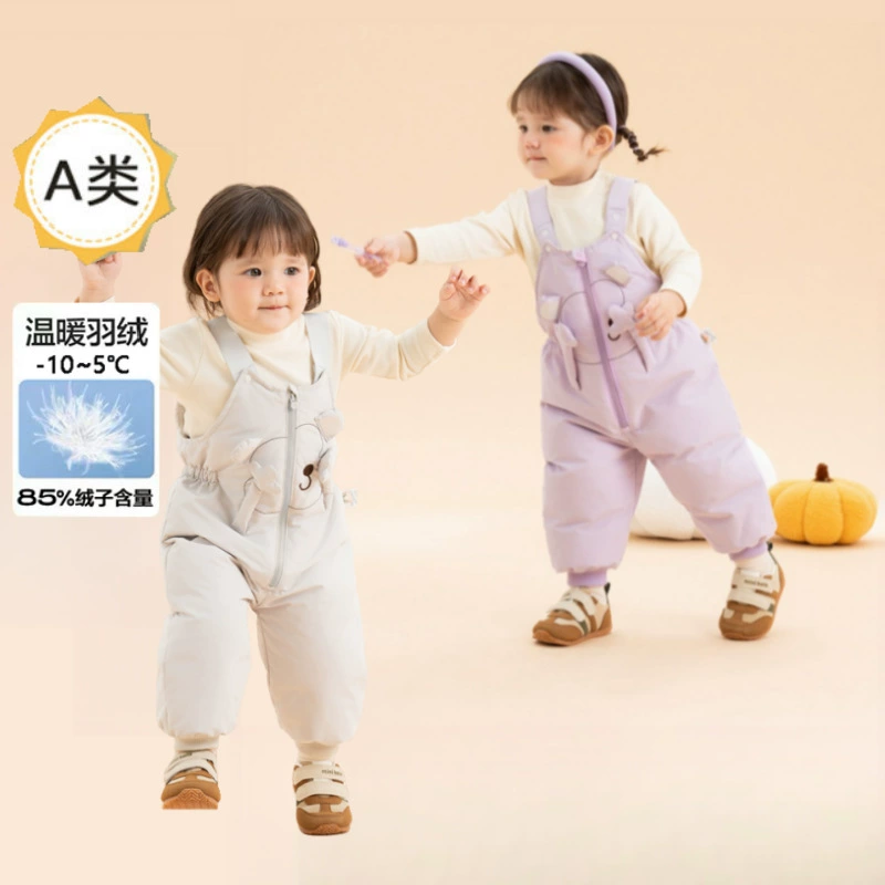 [Облачный бархат] Маленькая обезьяна в форме ремни детские пуховые брюки для мальчиков и девочек зимние 2024 новые милые три защиты
