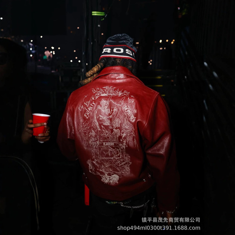 In Stock Erd Melancholy Rich Kid 22Fw Letter Embroidery Lambskin Waxed Leather Short Leather Jacket Coat