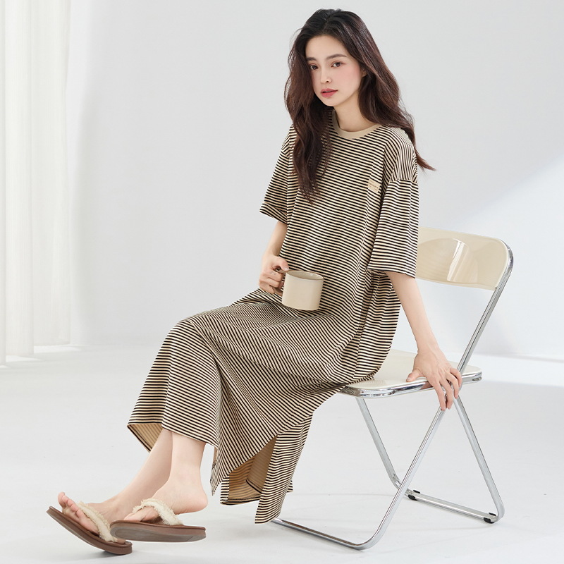 Pijama de verano de algodón de mangas cortas pijama de vestido largo bifurcado ropa de hogar suelta a rayas de gran tamaño se puede usar fuera
