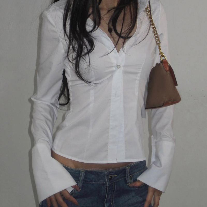 欧美街头风ins辣妹复古风女装纯色收腰长袖喇叭袖显瘦衬衫女休闲|undefined