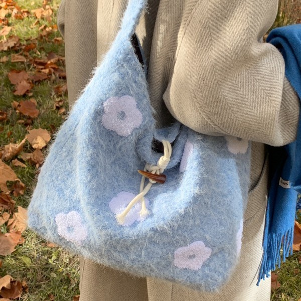 Stuffed Flower Embroidered Shoulder Bag Autumn and Winter Sweet Niche Plush Bag Literary Forest Tote Bag Korean Style Tote Bag
