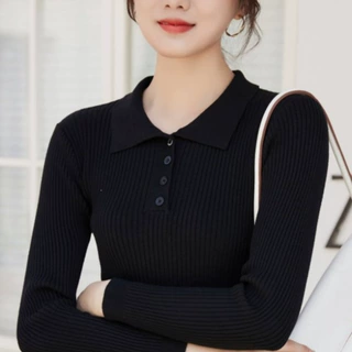 韩系气质优雅减龄上衣女秋冬新款简约温柔风polo领纯色长袖针织衫