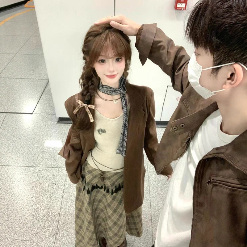 Three-Piece Korean-Style Autumn and Winter New Suit for Women, Suede Jacket + Inner Base Top + Slimming Plaid Skirt