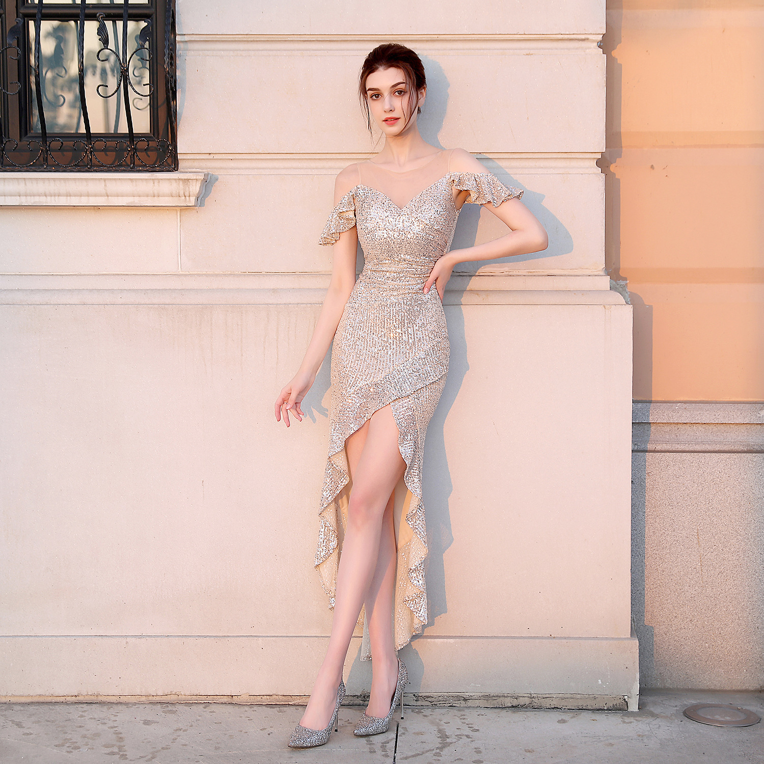 18158 # 2020 New Style Short Front Long Back Sequin Long Dress Prom Party Etiquette Celebration Evening Dress