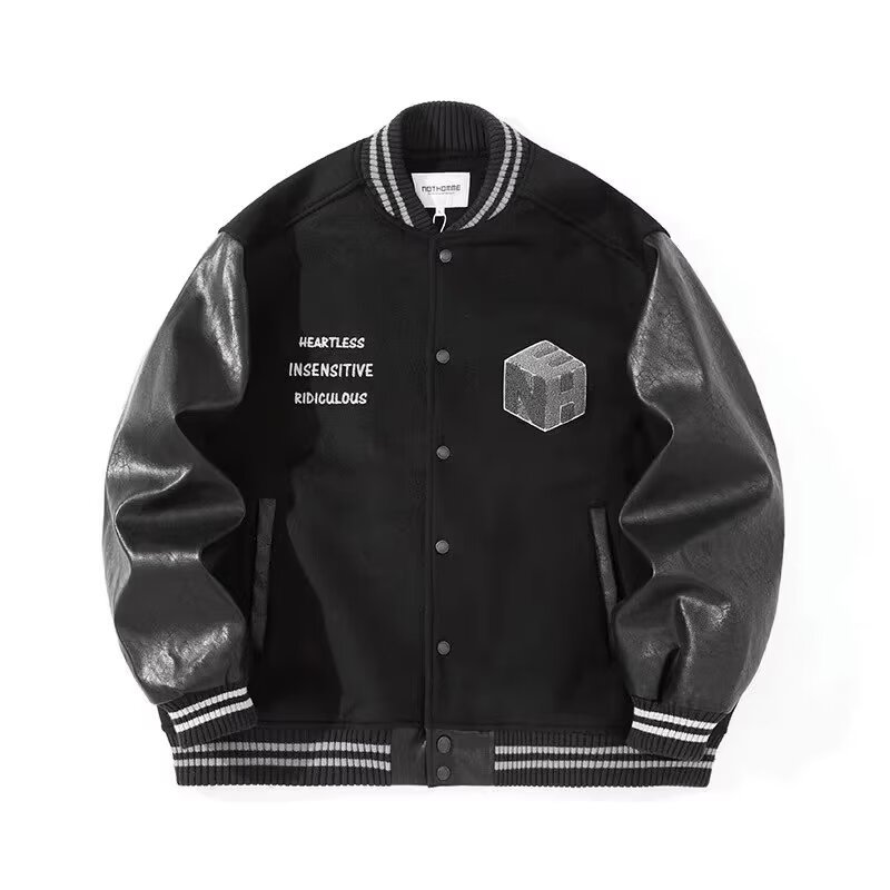 American retro letter embroidery PU leather sleeve baseball jacket, women's and men's ins trendy street jacket, cool.