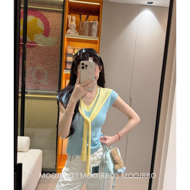 Korean Style Fake Two-Piece V Neck Short-Sleeved Knitwear for Women in Summer, Gentle Style, Slim Fit, Beautiful Contrasting Color Top