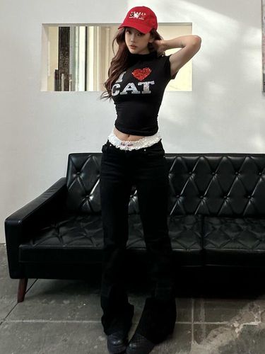 260g Modal Viscose Heart Letter Embroidered Rhinestones Half High Collar Short Sleeve Women's T-Shirt Slim Fit Short Top Fashion