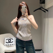 深圳南油高货 明星同款 撞色条纹字母刺绣针织背心修身无袖上衣女