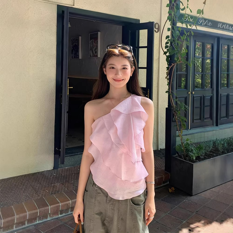 'Soft Light Sheer' Multi-Layered Ruffled One-Shoulder Strapless Women's Summer Pink Ribbon Tank Top Single-Shoulder Off-Shoulder Top 'Soft Light Sheer' Multi-Layered Ruffled One-Shoulder Strapless Women's Summer Pink Ribbon Tank Top Single-Shoulder Off-Shoulder Top