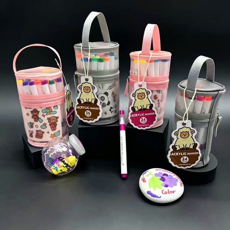 Portátil acrílico marcador conjunto de dibujo de niños cabeza suave opaco color plegable 24 colores 36 bolsas de red portátiles