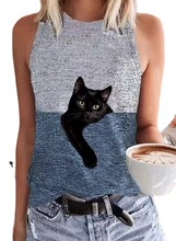 无袖宽松型圆领套头蓝色都市休闲可爱猫咪数码印花女式T恤