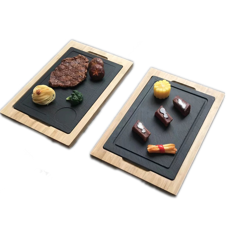 Fábrica de tamaño directo estilo personalizado tablero de bambú tablero de roca plato de comida occidental madera tablero negro plato de horneado