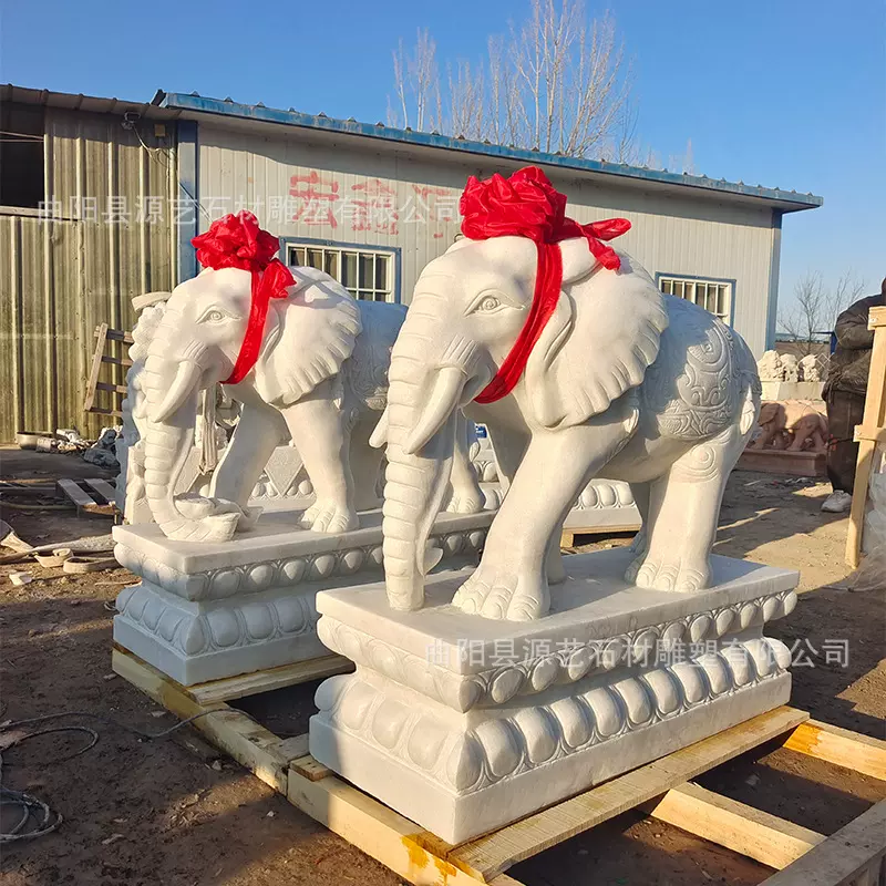 石雕大象一对汉白玉晚霞红石象庭院别墅门口天然大理石材小象厂家