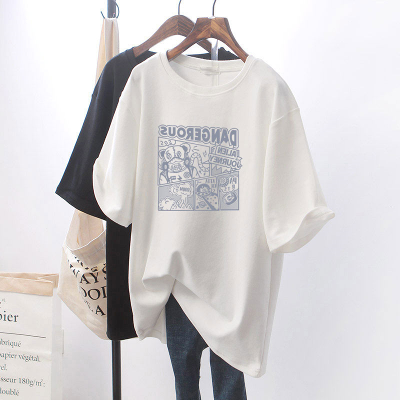 Women's cotton short-sleeved T-shirt 2024 spring new cartoon round neck mid-length half-sleeve top printed loose casual