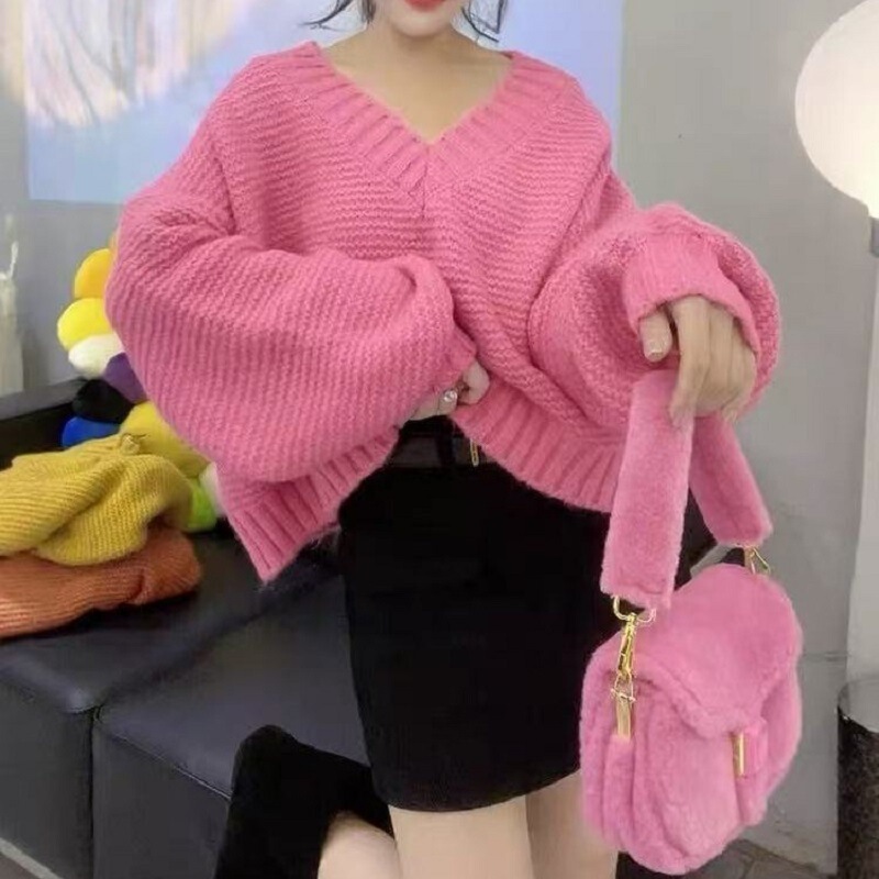 European New Autumn and Winter Fashion Korean Retro Candy Color V-Neck Loose Long-Sleeve Chunky Knit Sweater Women's Clothing