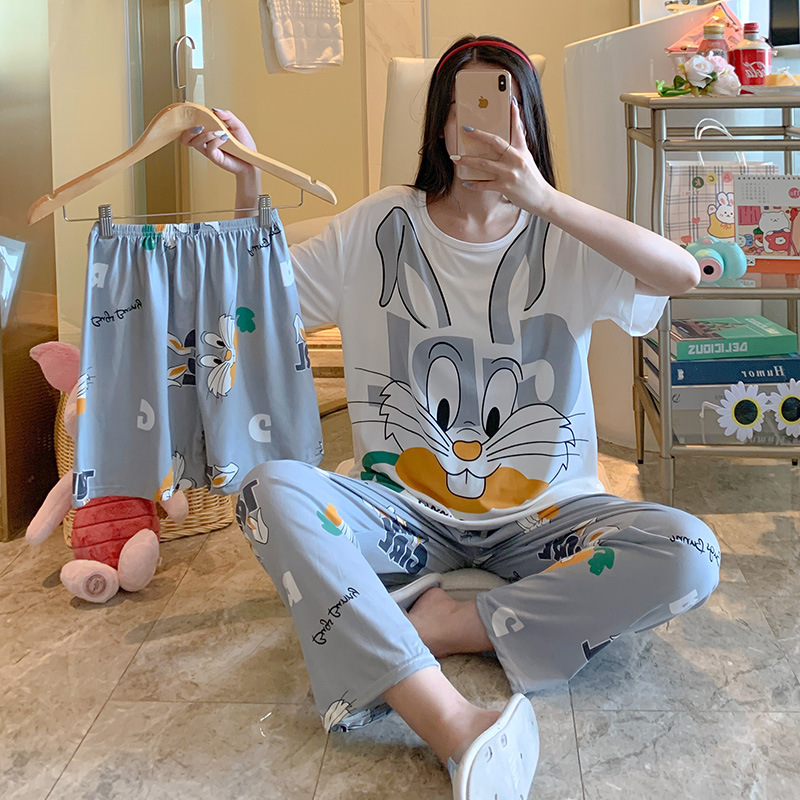 Pijamas de verano transfronterizos pijamas de leche de seda de tres piezas set de dibujos animados comercio exterior ropa para el hogar pantalones de mangas cortas lindos