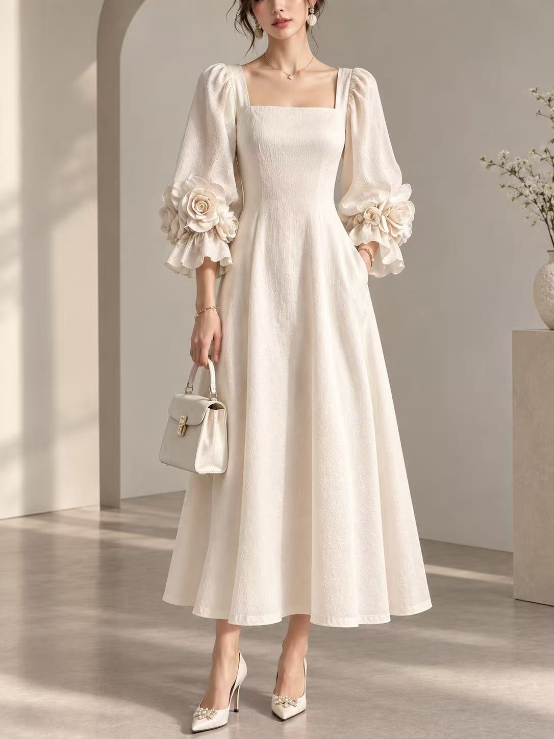 French-style square-neck, puff-sleeve, three-dimensional floral dress for women, 2026 new collection, waist-cinching, slimming, elegant long gown