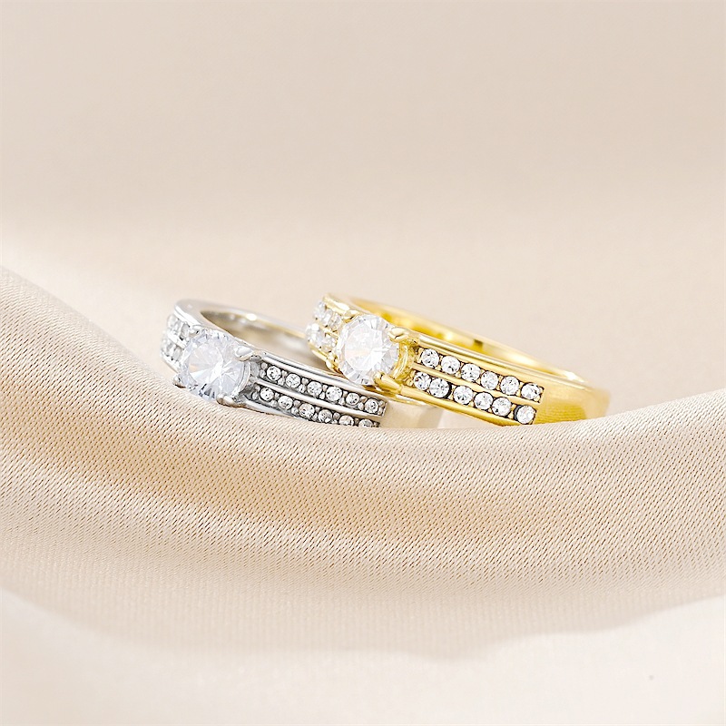 Rings Classification 18K Gold Plating Color 11, 12, 6 Ring Size Real Gold Plated 201 Stainless Steel PVD Coated Zircon Round Waterproof Non Tarnish Romantic Shiny Rings For Women'S
