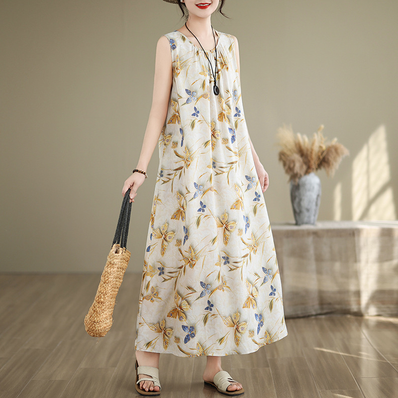 新しい中年スタイルママ綿シルクドレス女性の夏の大きな裾人工綿ロングスカート義母夏服50歳|undefined