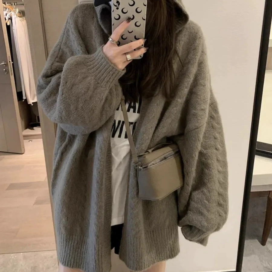 Осенняя и зимняя корейская версия с капюшоном, свободный, ленивый, средний и длинный свитер, кардиган, женский мягкий, клейкий свитер, большая куртка, свободная