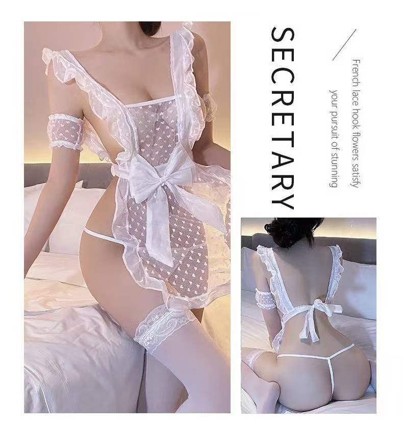 Maid Lingerie Costume Set with Lace Bow Detail and Pink Stockings — detail image 7
