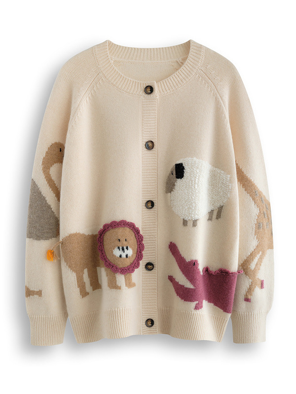 2025 New Autumn and Winter Women's Round Neck Cashmere Sweater Heavy Handmade Animal Embroider Thickeneded Fashionable Knitted Cardigan