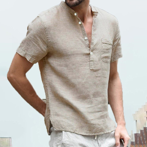 Cotton Linen Short-sleeved Men's T-shirt Collar Buckle Half