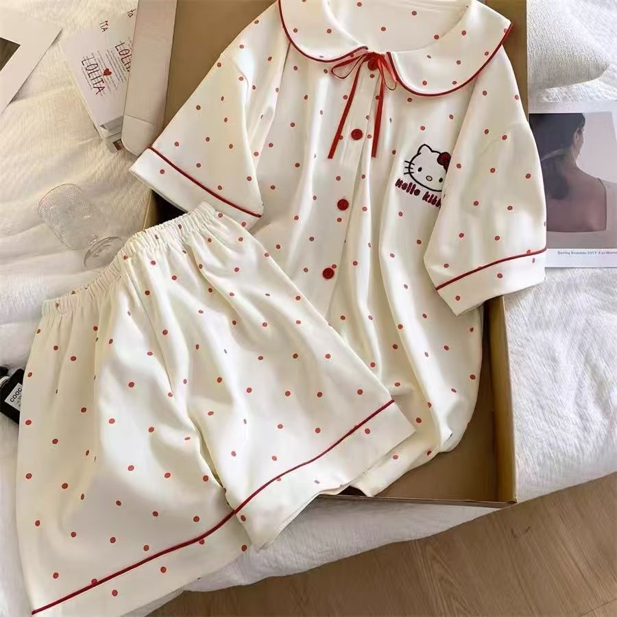 2025爆款可爱清纯甜美红边波点KT猫睡衣女夏季可外穿家居服套装
