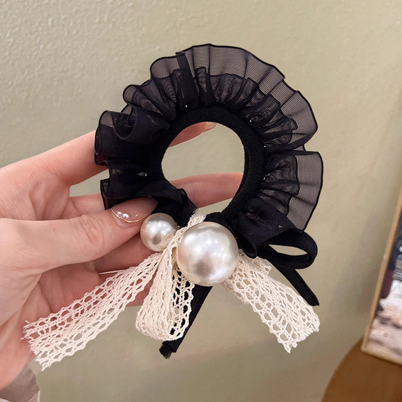 Xianqi blanco, falda de doble capa, lunares, anillo para el cabello de intestino grueso, nuevo cabello coreano de gran tamaño, bola baja, cuerda para el cabello, accesorios para el cabello perezosos
