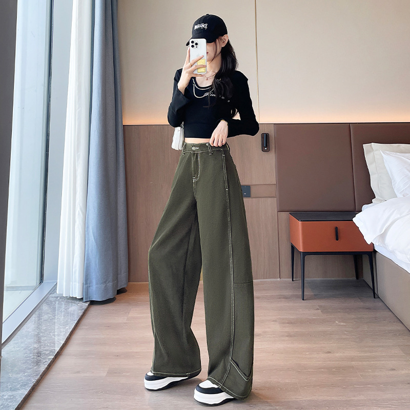 绿色明线装饰窄版直筒裤女春秋季垂感高腰显瘦窄版阔腿香蕉裤子|undefined